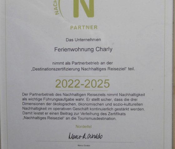 Certificate partner company, © Nordeifel Tourismus GmbH & Ferienwohnung Charly